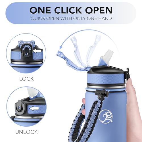 GOSWAG 24oz Insulated Stainless Steel Travel Water Bottle, 2 Lids | with straw and no straw, Paracord handle, Double-wall vacuum keeps drinks cold or hot, Leakproof tumbler - color: Matte Icy Blue