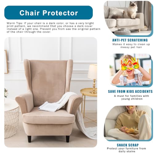 NILUOH Thick Velvet Wingback Chair Slipcovers 2-Piece, Stretch Wing Chair Covers Soft Sofa Slipcover Wing Back Armchair Cover Furniture Protector for Living Room - color: Khaki
