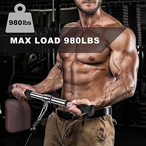 SELEWARE Rotating Straight Bar, Tricep Rope, Double D Row Handle, Rotating V Handle, Cable Machine Attachment with Non-Slip Soft Rubber Grip, Universal Attachment for Cable Machines - color: 18" Silver Rotating Straight Bar W/ Convex Rubber Handle