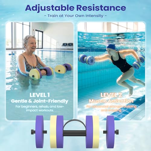 Sportneer Adjustable Resistance Water Weights: Pool Exercise Dumbbell Set of 2 EVA Foam Pool Weights with Handle Strip Aquatic Exercise Equipment for Water Aerobics - color: Striped Purple