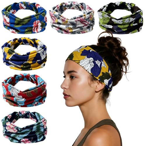 HSEM Headbands for Women 6-Pack – Boho Flower Wide Head Bands, Non-Slip Thick Hair Bands – Large Knotted Soft Stretchy Sweatbands for Workout, Washing Face, Makeup, Running, Spa & Yoga - color: X-Colorful-2-14