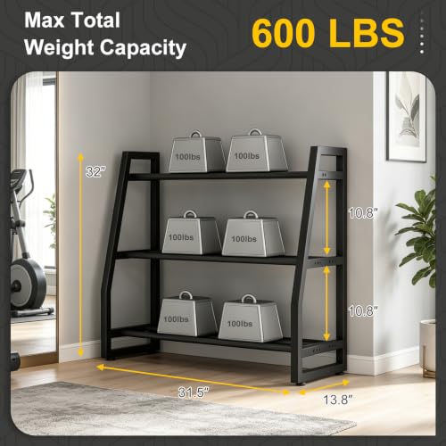 Heavy Duty 3-Tier Dumbbell Rack, 600 LBS Capacity Adjustable Weight Rack for Kettlebells & Dumbbells, One-Piece Solid Steel Home Gym Storage Stand, Space-Saving Corner Organizer with Hooks (32" H x 31.5" L)