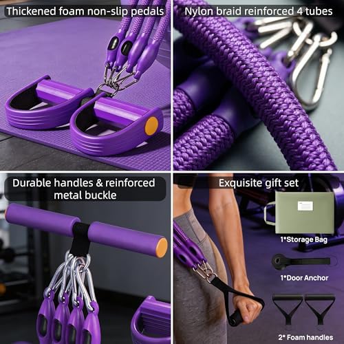 Upgraded Pedal Resistance Band with 4x25 lbs Resistance Tubes Multifunction Home Gym Workout Equipment for Sit Up & Calves Back ABS Leg Hip Arm Exercise - color: Purple