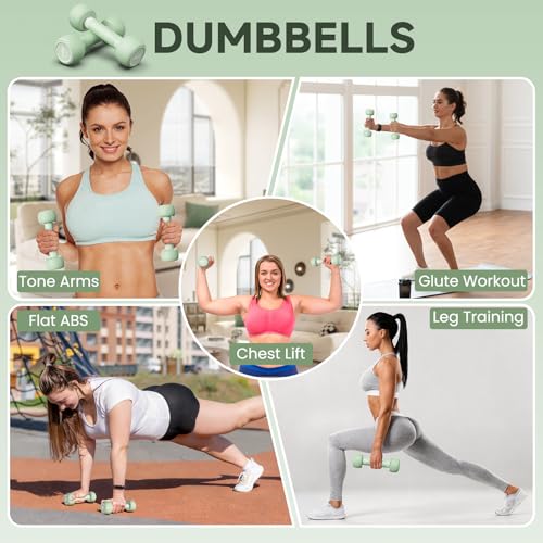 HTQ Adjustable Dumbbells, 4 in 1 Dumbbells Set Used as Barbell, Jump Rope, Wrist Weights, Resistance Band, Fitness Exercises for Home Gym Suitable for Women, Green
