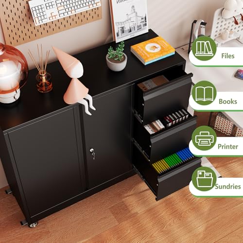 Mobile Large Lateral File Cabinet 3-Drawer,Home Office Rolling Filing Storage Cabinets with Lock & Wheels,Metal Printer Stand Office Storage A4,Letter Legal File Folders,Black - color: Black, size: 3Draws