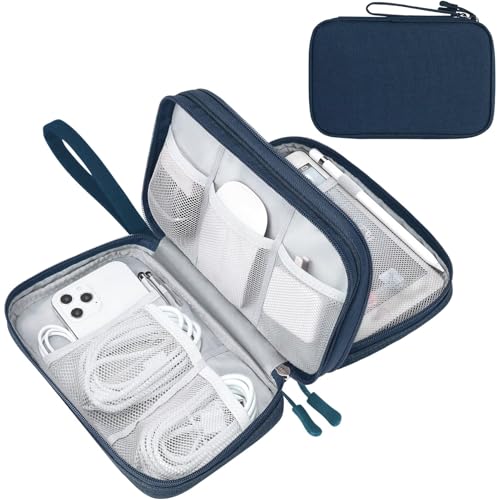 FYY Electronic Organizer, Travel Tech Pouch Bag, Large, Navy | Wrist Strap, Waterproof, Double Layers Portable Electronics Travel Carrying Case for Cord, Charger, Daily Business Trips Use - color: Navy, size: Large