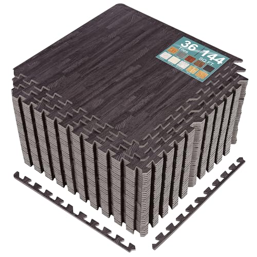 Sorbus Wood Grain Floor Tiles Foam Mat EVA Interlocking Mats Tile 3/8-Inch Thick Flooring Wood Puzzle Exercise Mats w/Borders - Home Playroom Basement, Apartment, Trade Show, Baby, Dance - color: Carbon, size: 36 Pack