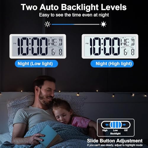 Bluetooth Time Sync Digital Wall Clock Battery Operated with Backlight, Auto DST Large Digital Wall Clock with Day, Date & Temperature, 15'' Large Digital Clock for Home, Bedroom, Office - color: White