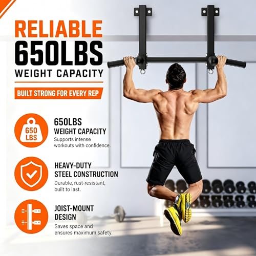 Joist Mounted Pull Up Bar, 650LB Load, Fit 16" Ceiling Beam Spacing | Multi-Grip with Finger Balls; 2 Suspension Rings; Fit Solid Concrete and Wood Mount; Home Gym, Garage & Basement