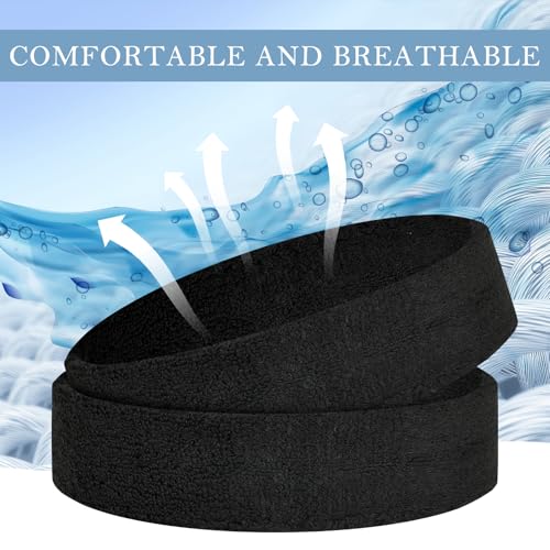 4 Pack Cotton Terry Sweat Headbands for Men Women Running Gym | 4 pack soft cotton terry headbands, Stretch 7 to 15 inches, Sweat-wicking, stays put for running, tennis, basketball & yoga - color: Black
