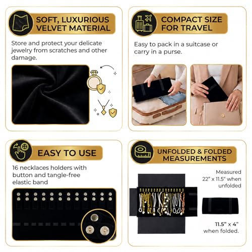 UnionPlus Velvet Travel Jewelry Roll Bag Organizer for Necklace, Elastic Band and Anti-winding, Black - color: Black, size: Medium