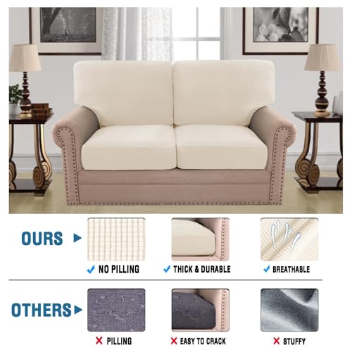 H.VERSAILTEX Multi-Pieces Loveseat Covers for 2 Cushion Couch High Stretch Couch Cushion Covers Jacquard Textured Twill Fabric(2 Seat Covers Plus 2 Back Cushion Covers, Cream) - color: Cream, size: 2 SEAT COVERS + 2 BACK COVERS