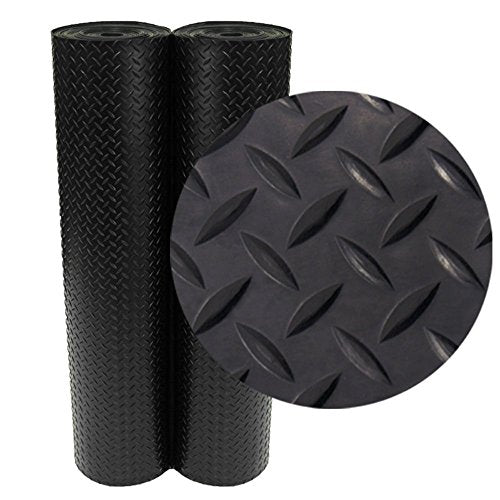 Rubber-Cal Diamond-Plate Rubber Flooring Roll - 3 mm x 4 ft x 10 ft Roll - Black - size: 120"L x 48"W x 0.1"Th