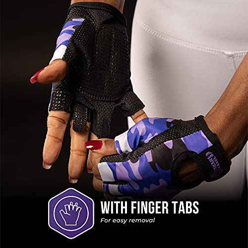 Contraband Pink Label 5217 Women's Design Series Camo Print Lifting and Rowing Gloves (Pair) - Lightweight Vegan Medium Padded Microfiber Amara Leather w/Griplock Silicone - color: Purple, size: X-Small