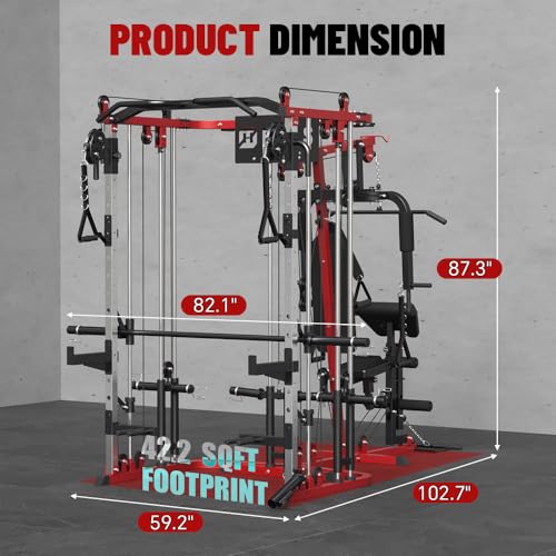 All in One Home Gym System Workout Station, Multi-Function Smithe Machine Power Cage with Cable Crossover System, Tripe-Sided Independent Load Posts, Functional Trainer for Full Body Training - color: Red, style: Home Gym Station with Weight Bench (9001)