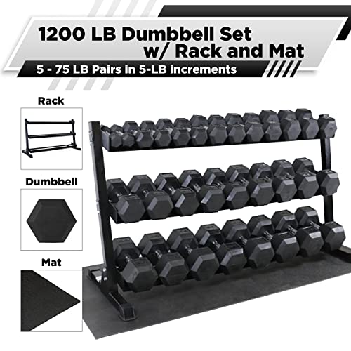 WF Athletic Supply Rubber Coated Hex Dumbbell Set, Multiple Choices Available - Dumbbells with Rack Stand and Mat, or Dumbbells Only (200/550/1200/2100/3000 LB) - color: g. 5 - 75LB w/ 3-tier RED Rack and Mat