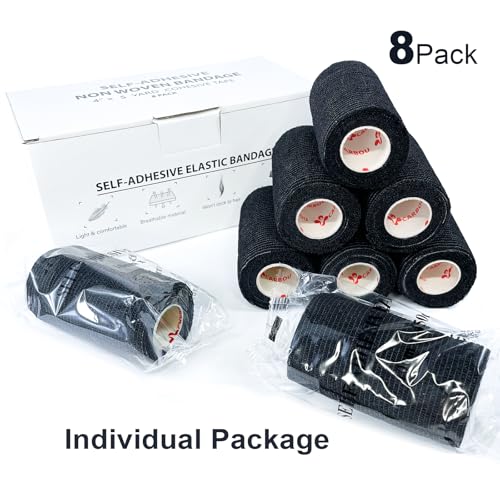[8 Pack 4" x 5 Yards] Black- Self Adhesive Cohesive Bandage Wrap, Self Adherant Non-Woven Wrap Rolls, Atheletic Tape for Wrist, Ankle, Hand, Leg, Premium-Grade Medical Stretch Wrap - color: Black, size: 8 Count (Pack of 1)