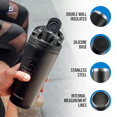Ice Shaker Insulated Stainless Steel Shaker Bottle | 26oz, Black | Cold for 30+ Hours | Insulated Cup with Twist-on Agitator | Odor-Free Bottle for Protein Shakes, Water, Smoothies, Cocktails - color: Black