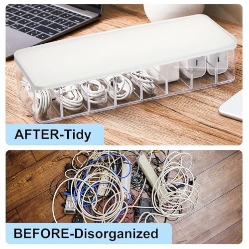 Tatuo 2 Pcs Cord Organizer for Drawer Desktop, Cable Organizer Box with 8 Compartments and Wire Ties, Plastic Charger Storage with Lid, Electronics Case for Home Office Accessories (Small,Clear,White) - color: Clear, White