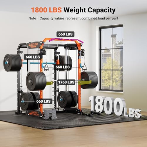YOLEO Smith Machine & Squat Rack Combo, Multi-Functional Power Racks with Adjustable Width & Pull-Up Bar, Cable Crossover Power Cage, Independent Dual-Pulley System for Home Gym Garage Basement - style: 1800LB Multi-Functional Smith Machine