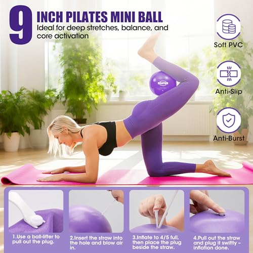 ROSAPOAR Pilates Essentials Kit for Women, Pilates Ring Set - 14" Magic Circle with Yoga Ball & Resistance Bands – Pilates Kit for Home Workouts, Toning & Core Sculpting Pilates Equipment - color: Purple