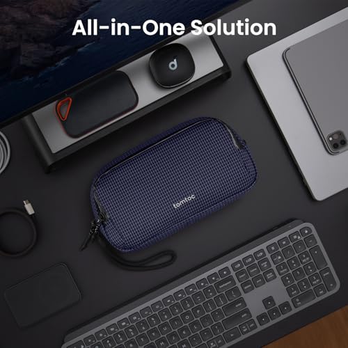 tomtoc Electronic Organizer Travel Case Performance, Water Resistant Dual Compartment Cable Organization Storage Bag for Charger, Cord, Phone, Hard Drive, Power Bank, Accessories Travel Essentials - color: Navy Blue Plaid, size: Medium