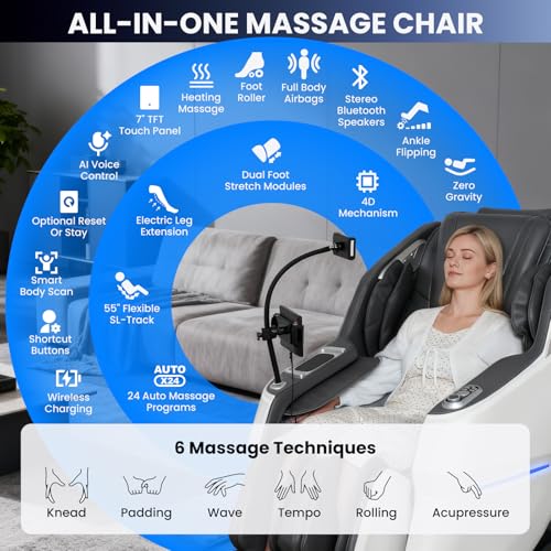 4D Massage Chair Full Body, Unique 2026 Space Walk & Ankle Stretch, Zero Gravity SL-Track Shiatsu Massage Chair Recliner with Electric Calfrest Extension & Foot Rollers, AI Voice, S002 White - color: White
