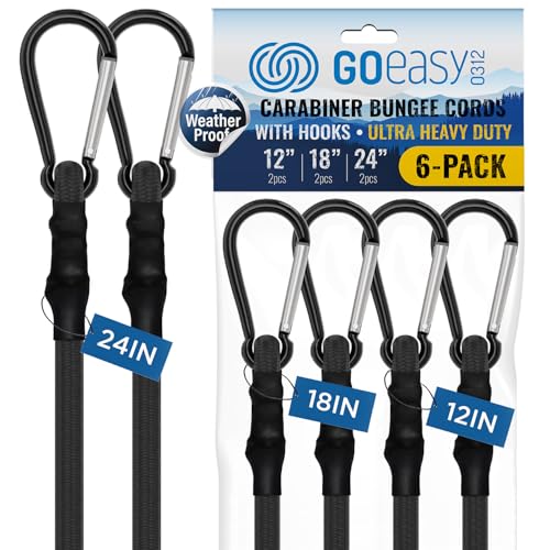GOEASY0312 Heavy Duty Bungee Cords with Carabiner 12" 18" 24", 6PCS Black | 200 LBS Max Break Strength, UV Resistant, Locking Carabiner Hooks, Double-Braided Latex & Rubber - color: Black
