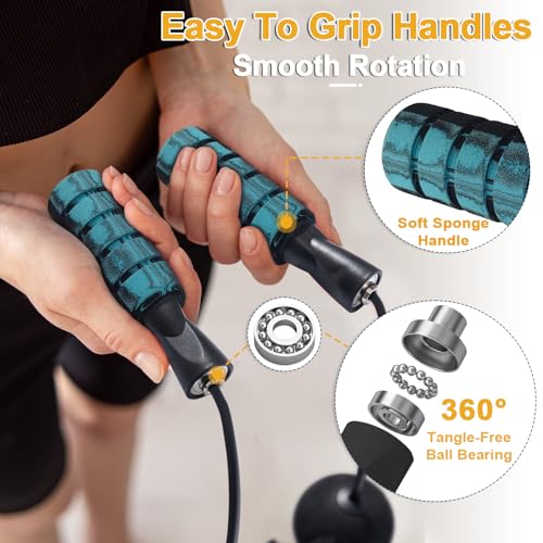2 in 1 Jump Rope for Women Men and Kids - Tangle-Free Cordless Skipping Jump Rope with Ball Bearings and Foam Handles for Rapid Speed Fitness Workouts - color: Blue