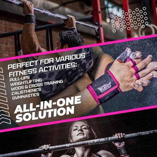 JerkFit WODies Gymnastics & Weightlifting Grips with Wrist Wraps – 3 Hole Versatile Gym Gloves for Pull Ups, Gym Training & Cross Training – Hand Grips Palm Protector for Men & Women - color: Pink, size: Large 4”- 4.75”