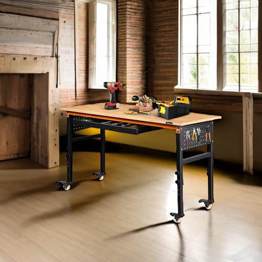 Betterhood 72" 2-in-1 Convertible Adjustable Workbench, L-Shaped & Extended 5000 LBS Heavy Duty Work Table with Power Outlets & Pegboard, Rubber Wood Workstation for Garage, Workshop - size: Rubber Pad/ Power Outlets/ 2 Pegboard/ 72"x20"x37"