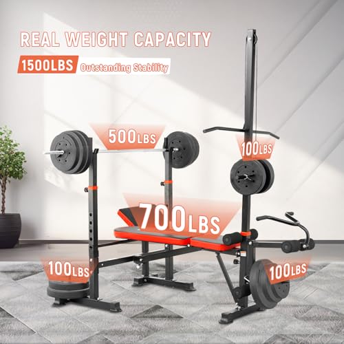 MAIDOMA Foldable 1500LBS Capacity 8 IN 1 Weight Bench Set with Leg Extension/Squat Rack/Preacher Curl, Adjustable Bench Press for Home Gym Full Body Workout (US Stock) - color: Red