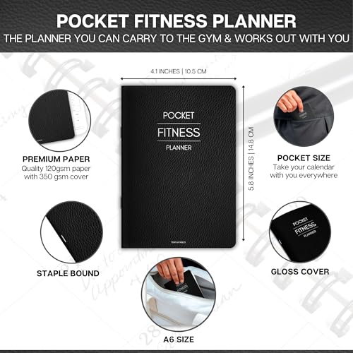 Pocket Fitness Planner A6 Gym Workout Logbook, Fitness Goals & Progress Tracker, Body Measurements & Personal Bests, Portable Exercise Planner with Gloss Water-Resistant Cover (Mono)