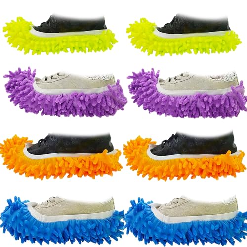 M-jump 8 PCS 4 Pairs Duster Mop Slippers Cover, Multi Function Chenille Fibre Washable Dust Mop Floor Cleaning Shoes for Bathroom, Office, Kitchen, House Polishing