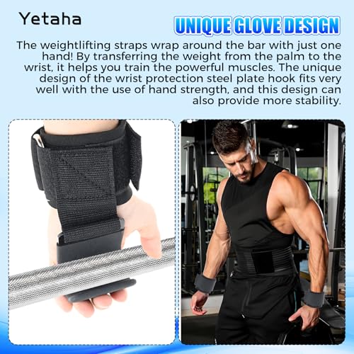 Yetaha Weight Lifting Hooks, Wrist Support Hooks, Wrist Guard Steel Plate Hook, Anti-slip Hanging Single Bar Weightlifting Hooks for Deadlifts Pull Ups Shrugs, Gym Gloves Men and Women