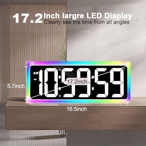 TXL 17.2" WiFi Digital Wall Clock with Seconds, Large Countdown Timer for Classroom Home Gym Office, Alarm Clock with Remote Control, RGB Ambient Lights, 4 Dimmable Brightness, Auto DST(White) - color: White