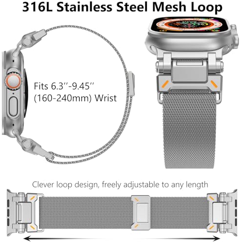 WINGLE Milanese Loop for Apple Watch Band Ultra 3/2/1 Band Ultra 49mm Series 11 10 46mm 45mm 44mm SE 3/2/1 Series 9 8 7 6 5 4 3 Men Women,Parachute-Style Buckle Stainless Steel Mesh Metal iWatch Bands - color: Magnetic Metal Mesh Loop-Silver