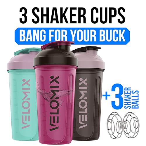 VELOMIX 3 Pack 14 oz Protein Shaker Bottle for Mixes - 3 Wire Whisk Balls | Stackable Leak Proof Cups | Dishwasher Safe, BPA-Free (Mixed Colors) - color: Mixed Colors
