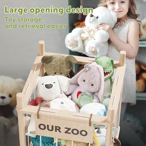 Dayacoco Stuffed Animal Storage, Wood Stuffed Animals Organizer Holder Zoo, Extra Large Capacity Stuff Storage with Elastic Band and Net for Nursery Kids Play Room Bedroom (Pine wood) - size: 3 Tiers Without Wheels
