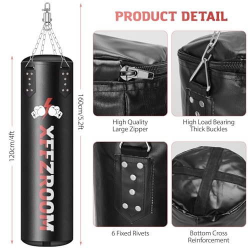 Punching Bag for Adults, 4ft PU Leather 6 in 1 Heavy Boxing Bag Set, Punching Bag with 12oz Boxing Gloves, Hand Wraps, Hanging Bag for MMA Karate Kickboxing Muay Thai Boxing Home - Unfilled - color: Red