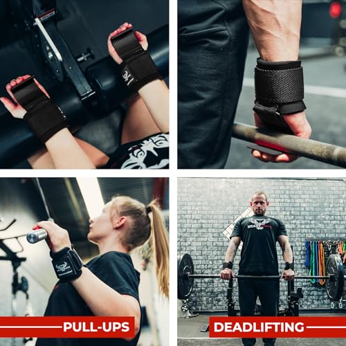 BEAST RAGE Weight Lifting Hooks (Pairs) for Men Anti Slip Durable Coated Grip Wrist Straps for Pull Ups Deadlift Strength Fitness Bodybuilding Women Hook Exercise - color: Black