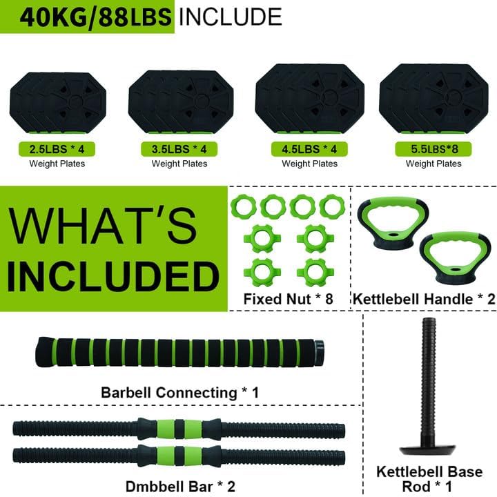 44/66/88Lb Dumbbell Sets Adjustable Weights, Free Weights Dumbbells Set for Home Gym - color: Green-Octagon, size: 88 LBS