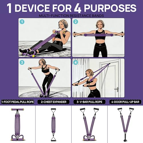 Upgraded Pedal Resistance Band with 4x25 lbs Resistance Tubes Multifunction Home Gym Workout Equipment for Sit Up & Calves Back ABS Leg Hip Arm Exercise - color: Purple