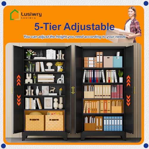 Metal Storage Cabinet with 2 Doors and 5 Adjustable Shelves - 75.2" Steel File Cabinet,Tool Cabinets for Office,Home,Garage,Gym,School (Black) - color: Black, size: 75.2H