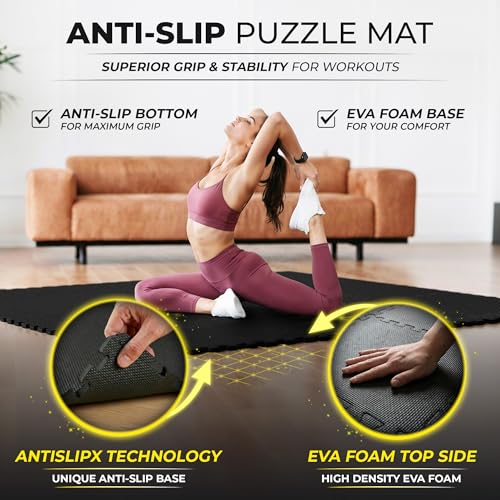 bemaxx Gym Mats Set - 18 pcs EVA Interlocking Foam Floor Tiles (12.6"x12.6"x0.4") 18sqft Protective Gym Flooring Sports Home Workout Exercise Mats Puzzle Garage Fitness Play-Room Pool Treadmill Bike - color: Anthracite | 1-side Antislipx, size: 18 Tiles |
