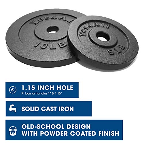 Yes4All Cast Iron Weight Plates, 1.15-Inch Standard Hole Weight Plate Set of 4 & 8, Fits Dumbbell Handles for Strength Training, Weightlifting & Home Gym Workouts - size: 30lb in Total (2x5lb + 2x10lb)