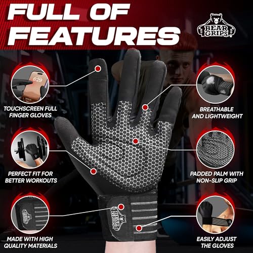 Bear Grips Weight Lifting Gloves for Men & Women | Half Finger Lifting Gloves | Full Finger Workout Gloves for Men | No Finger Exercise Gloves l Compression Weightlifting Gloves | Gym Gloves for Men - color: Armor Black-Full Finger, size: Large