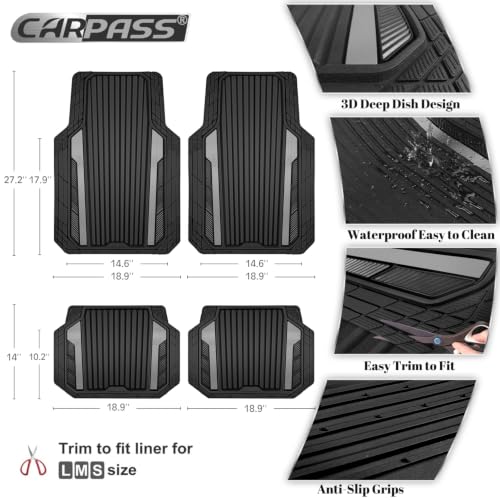 CAR PASS Heavy Duty Rubber Car Mats Metallic, Aluminum Film All Weather Floor Mats Waterproof Universal Trim to Fit Automotive SUV Sedan Van Truck 4 Piece Deep Dish Two-Tone Sporty Black Gray Chrome - color: Black and Gray
