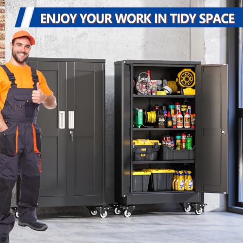 GAIOUS Metal Garage Storage Cabinet with Lock and Wheels, 45.7" Tall Metal Storage Cabinets with Locked Door and 3 Adjustable Shelves, Rolling Tool Cabinet, Utility File Cabinet for Home Office, Black - color: Black, size: 11.81"D x 23.62"W x 45.67"H