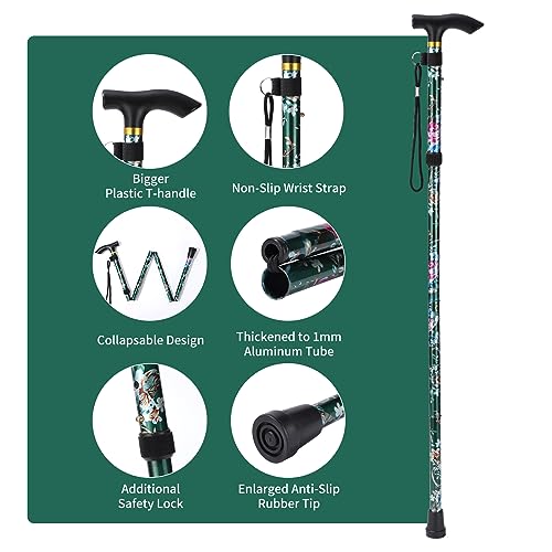 Walking Cane, Folding Cane for Man & Women, Portable Lightweight | 5-Level Adjustable Height, Collapsible Cane for Seniors Balancing Mobility Aid - color: Green Flowers